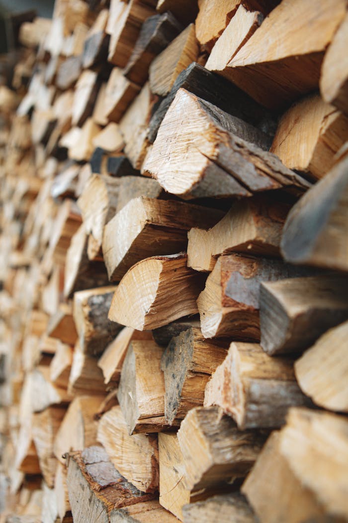Close-up of neatly stacked firewood logs, emphasizing texture and rustic charm.